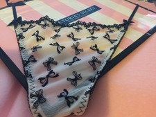 NEW VTG Victoria's Secret Pink Lace Thong Black Bows Size Small S/P