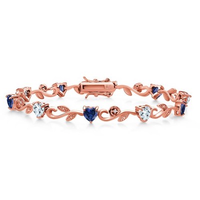 18K Rose Gold Plated Silver Heart Shape Aquamarine Created Sapphire and  White