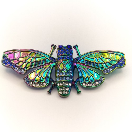 Iridescent Cicada Brooch Pin 2.5" Length Rhinestone Multi-Color Insect Bug
