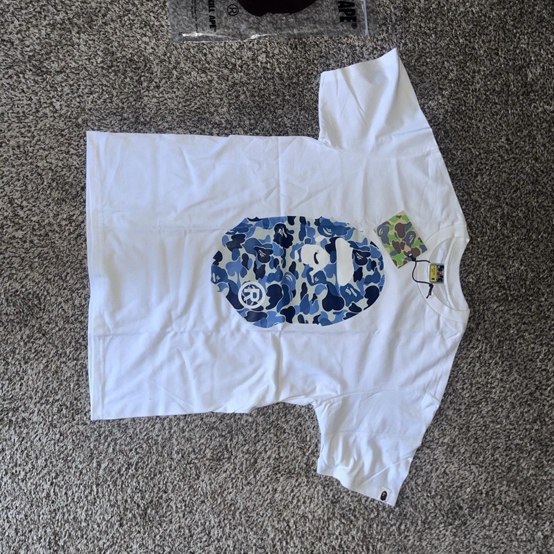 A Bathing Ape BAPE Ape Head Logo Graphic Tee White/Blue Camo Knit XL