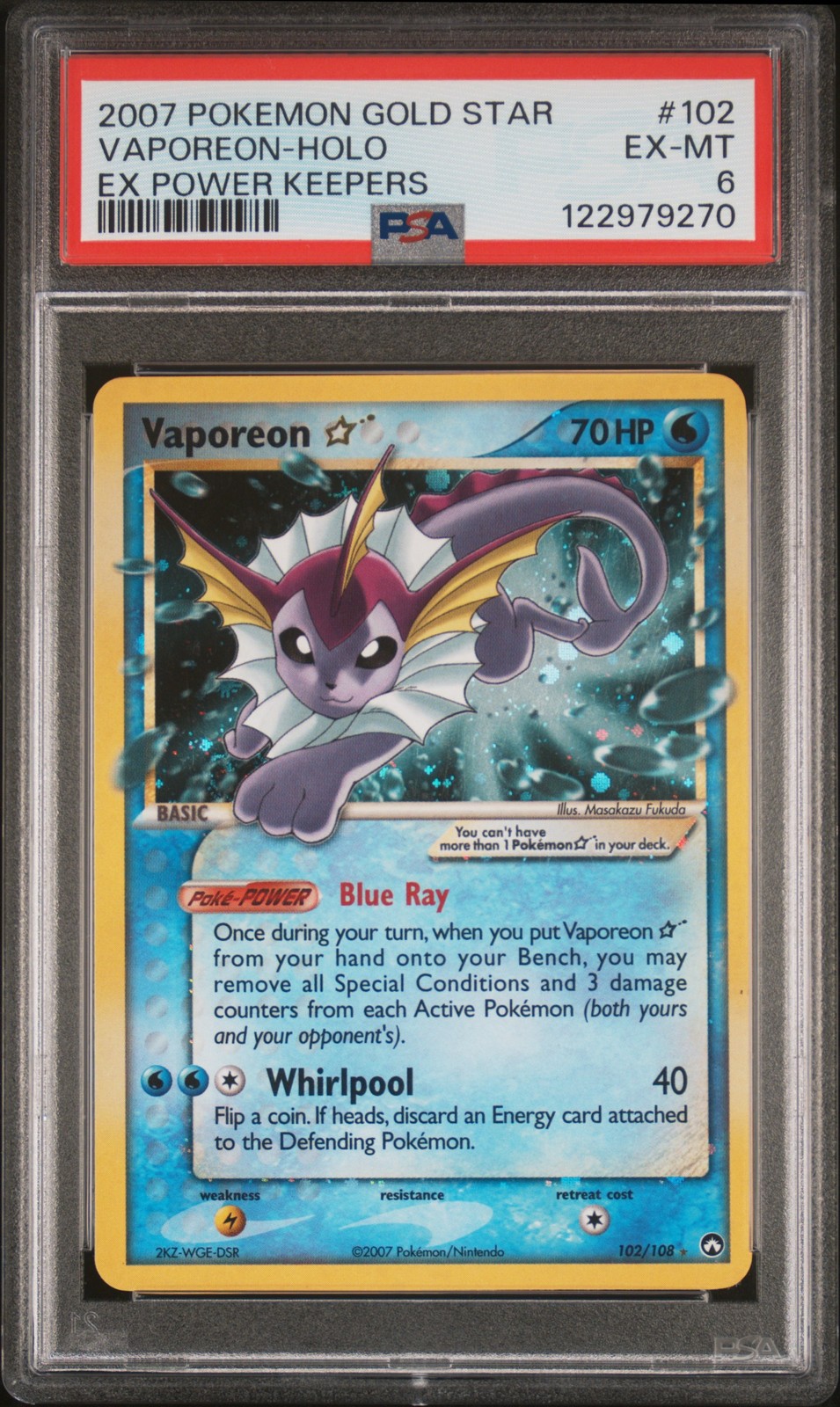 2007 POKEMON EX POWER KEEPERS GOLD STAR #102 VAPOREON-HOLO PSA 6