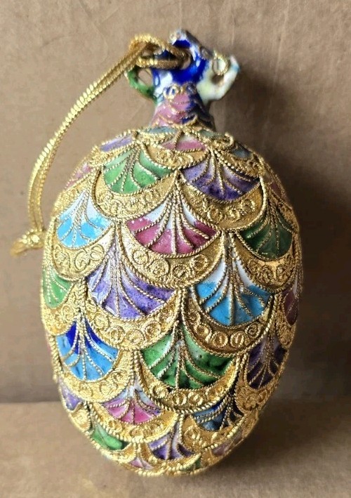 VTG Nyco International Victorian Cloissone Enamel Egg Ornament Multicolor & Gold