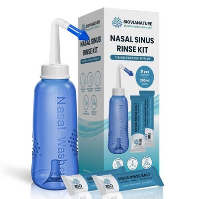 Nasal Rinse Kit   Bottle + Saline Packets   Neti Pot 300 ml + 21 salt, White 