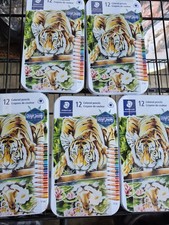 Lot Of 5 Sets Of Staedtler Colored Pencils Triangular 12 Pcs Assorted Metal Tin