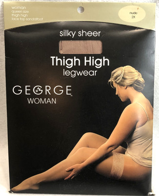 Vintage George Woman Silky Sheer Thigh High Queen Size Nude Size 2X Lace Top NOS