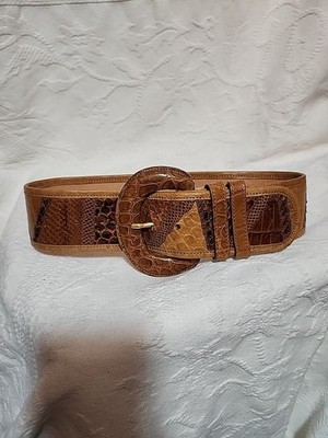 Women's Carlos Falchi Vintage Brown and Tan Faux Leather Patchwork Belt Size S