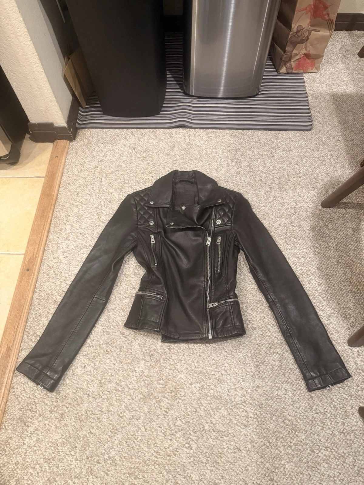 AllSaints Catch Biker Men's Leather Jacket Black SIZE 0 Slim Full Zip Moto Short - product detail image 1
