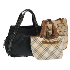 BURBERRY Nova Check Blue Label Tote Bag Canvas 3 Set Beige Black Auth ti2176