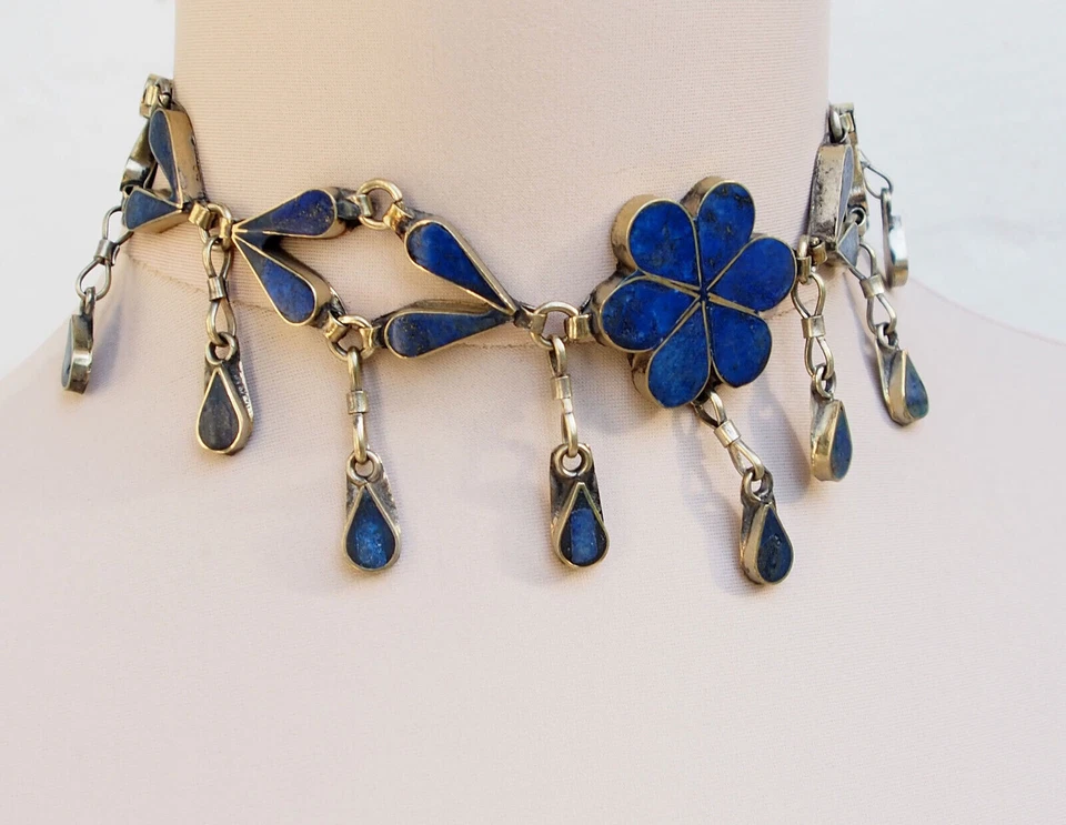 Orient nomad Nickel Silver Afghan tribal Jewellery Lapis Kette Necklace choker K - Bild 2 von 4