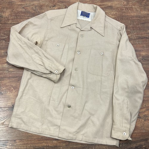 Vtg 50 60s Pendleton Virgin Wool Loop Collar Khaki Tan Button Up Board Shirt Med