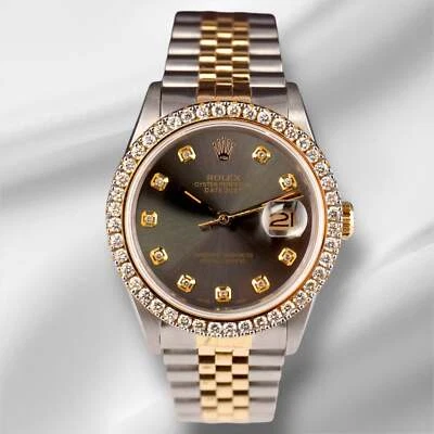Rolex Datejust 36Mm Yg/Acier 2,50Ct Diamants Cadran Gris Boucle Cachée Montre - Photo 1/4