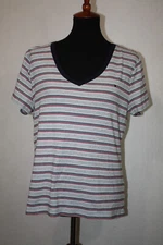 Tommy Hilfiger Sz XL V-Neck Tee Shirt Blue Gray Red Striped Short Sleeves