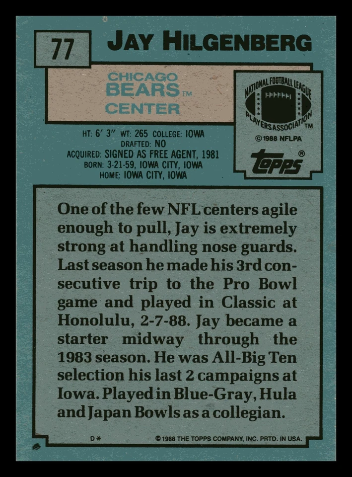 1988 Topps Jay Hilgenberg #77 Chicago Bears Mint - Image 2 of 2