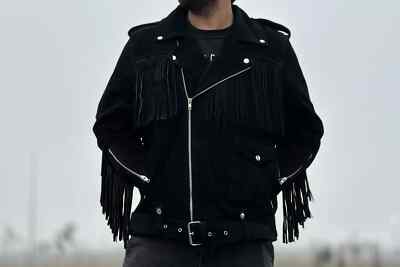 Men's Suede Black Leather Fringe Jacket Motorcycle Biker Fringe Jacket Cowboy