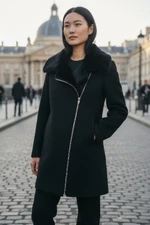 Club Monaco Womens Wool Pea Coat Faux Fur Collar Black XS Zip Cozy Ultra Chic 