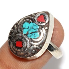 13gms Tibetan Turquoise Red Coral Nepali Tribal Gemstone Ring US FreeSize MJ