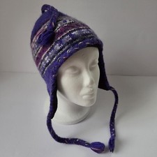 Classic Alpaca Hat Ear Flaps Fleece Lining Unisex Kids Large Purple Tassels