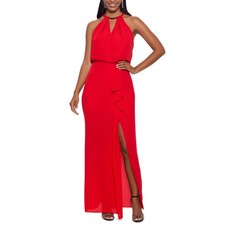 Xscape Woman's Formal Dress Size 8 Red Chiffon Sleeveless Ruffled Long Gown