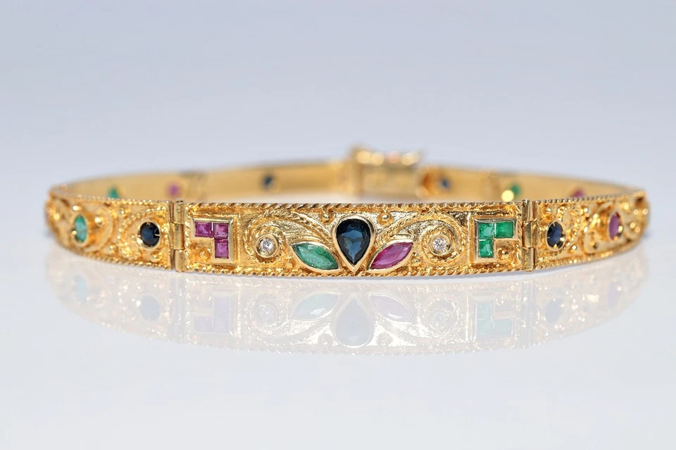Vintage Circa 1980s 18k Gold Natural Diamond And Emerald Sapphire Ruby Bracelet - Image 4 of 4