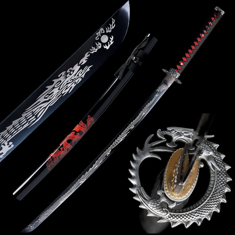 Black Japanese Samurai Katana Sword 1095 Carbon Steel Sharp Dragon Blade Sharp