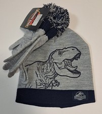 Jurassic Park T-Rex Winter Hat Beanie Gloves Gray Blue Kids Youth New