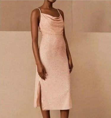 NEW Anthropologie Forever That Girl Beaded Midi Dress Blush Pink sz 6 cowl neck