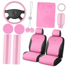 15 Pcs Car Accessories Set Leather Seat Covers Full Set Steering Wheel Pink