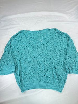 #ad Womens Sweater XL Teal Aqua Viscose V Neck Short Sleeve Lush Crochet Boho Soft $24.99