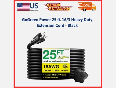 GoGreen Power 25 ft. 16/3 Heavy Duty Extension Cord - Black