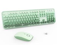 Sage Green Wireless Keyboard and Mouse Combo, Retro Typewriter Style Cute Bubble