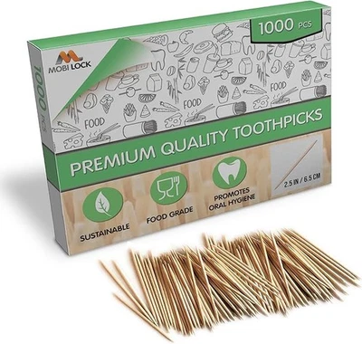 MOBI LOCK 1000 Pcs Bamboo Toothpicks - Double Pointed Wooden Picks - for Personal Hygiene,