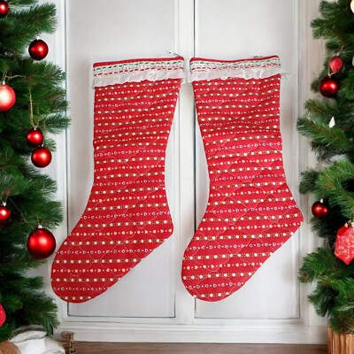 2 Quilted Christmas Stockings Fabric Eyelet Satin Ribbon Cottage Granny Core
