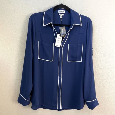 NEW Express Womens Large Portofino Shirt Blue Roll Tab Sleeve Button Up Blouse