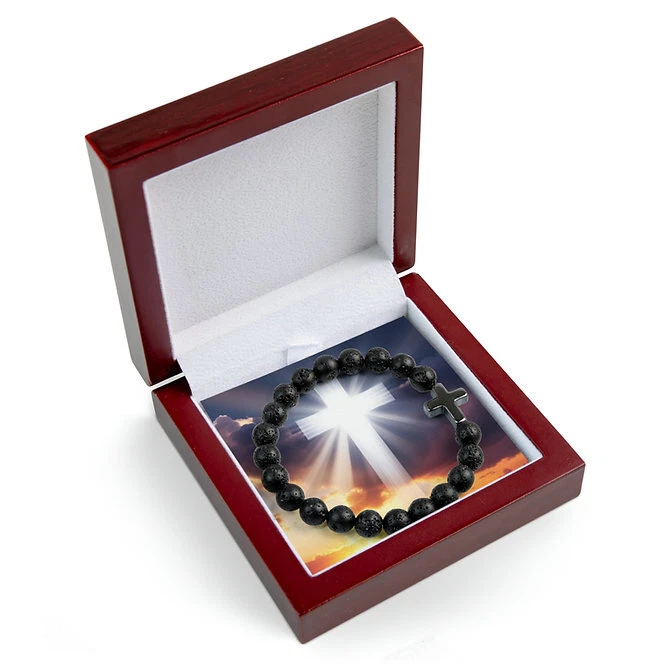 Pulsera Cruz Piedra Volcánica con LED, Magnética o Cuero Marrón Caja Regalo Foto 4 de 4