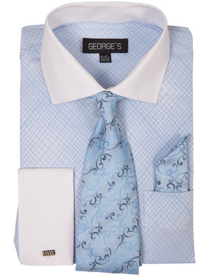 Men's Check Design Dress Shirt – French Cuff, Classic Fit, 60% Cotton 40% Polyester (Sizes 15.5-20.5) With Tie & Hanky