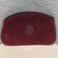 Cartier Zip Around Suede Pouch Dark Burgundy Maroon Logo Patch Pochette