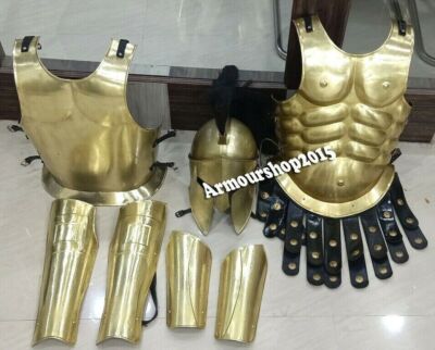 300 Spartan Brass Helmet W/Black Plume Medieval Muscle Jacket Arm & Leg Guard