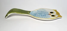 Pier 1 Imports Owl Hand Painted Stoneware Spoon Rest Yellow Blue Green 7"