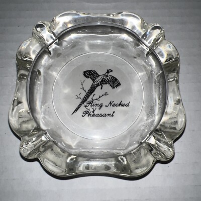 ASHTRAY GLASS RING NECKED PHEASANT BIRD WHITE BLACK 4 x4 . Clear Glass. Mancave!