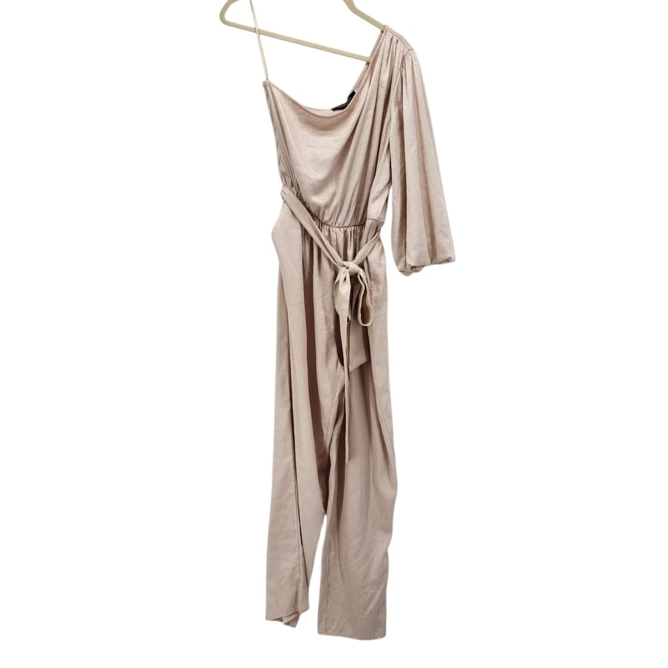 NUEVO BCBGMaxazria Mujer Mono Mediano Beige Metálico Un Hombro Manga Abullonada Foto 2 de 4