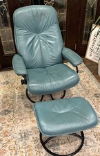 Vintage Mid Century Ekornes Stressless Recliner Ottoman Teal Aqua Blue Leather