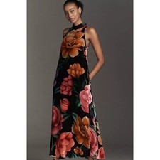 Farm Rio x Anthropologie Mock-Neck Printed Velvet Maxi Dress Black Combo MP NWT