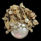Vtg Miriam Haskell Signed Faux Pearl Clear Rhinestone Gold Tone Brooch AS IS
