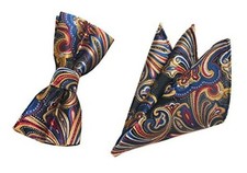 Men Big Boy Paisley Bow Tie Pre-Tied Set Wedding Party One Size Blue Gold