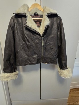 NafNaf Damen Lederjacke,Größe L,brown mit Fellkragen Echtleder,Topf Zustand