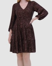 Eliza J Women's Brown Sequins Tiered V-Neck Long Sleeve A-Line Dress Size 6