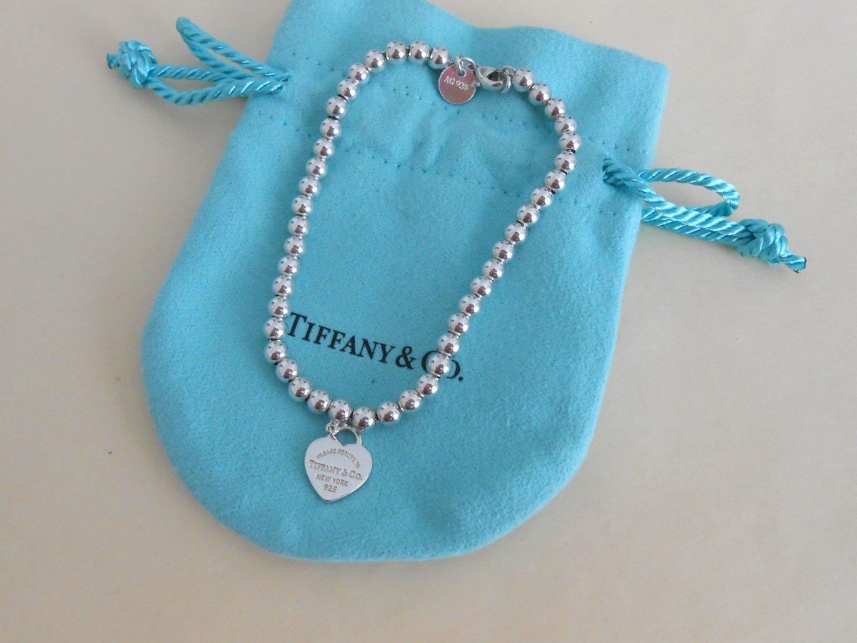 $300 Tiffany & Co. Sterling Silver Heart Tag 4mm Bead Bracelet