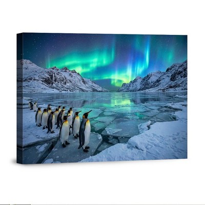 Penguins Northern Lights Wall Art Canvas Poster Winter Landscape Print Decor