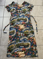 Vintage Hawaiian Dress XL Mango Moon Floral Tropical Aloha Tower Ships Lei Blue