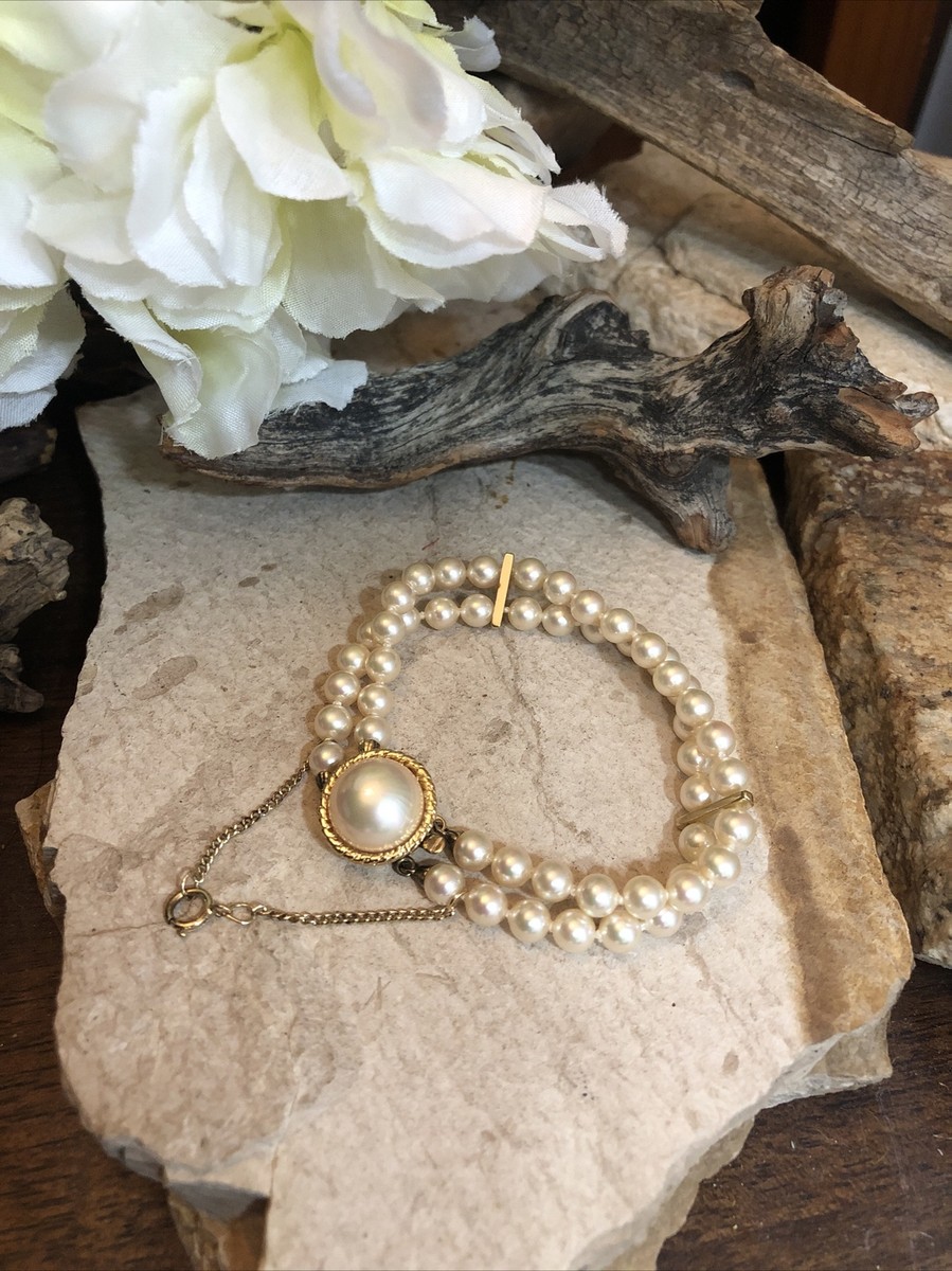 Vintage Majorica Yellow 925 Sterling Two Strand Faux Pearl Knott